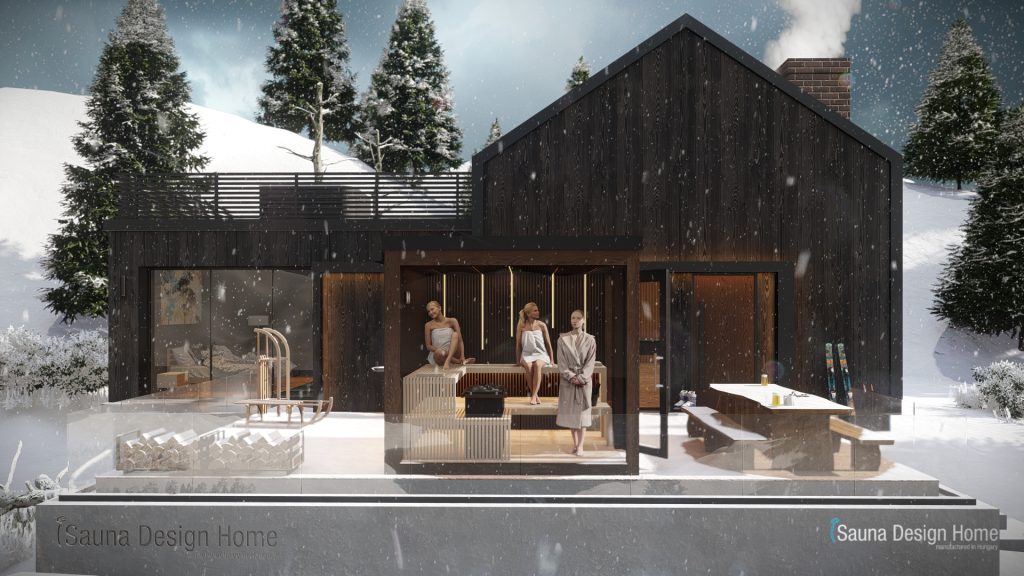 Outdoor sauna cabin with elegant minimalist solid wood design elements, handmade.